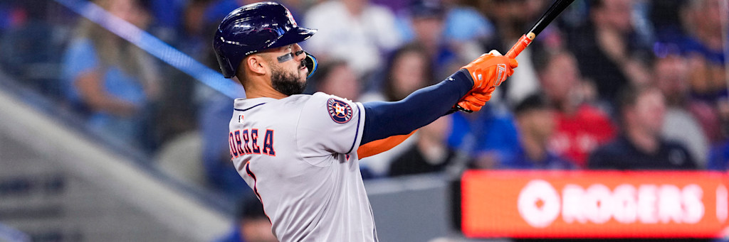 Lance McCullers Jr. Houston Astros right-handed starting pitcher delivering a curveball Daikin Park Yankees Astros under 9 total model projection