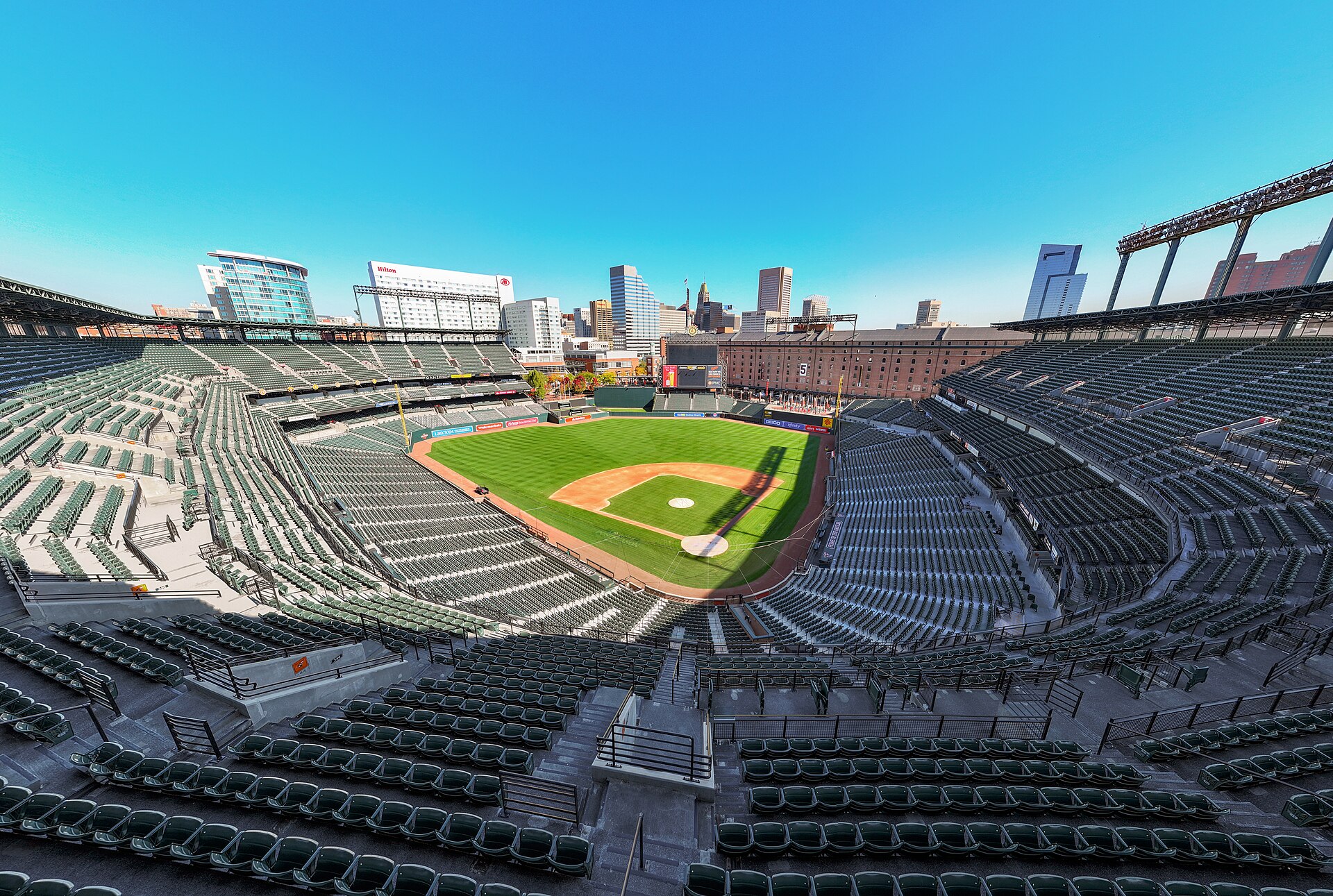 Oriole Park at Camden Yards with the Baltimore skyline behind it, used to illustrate a model of how many runs arrive after the fifth inning
