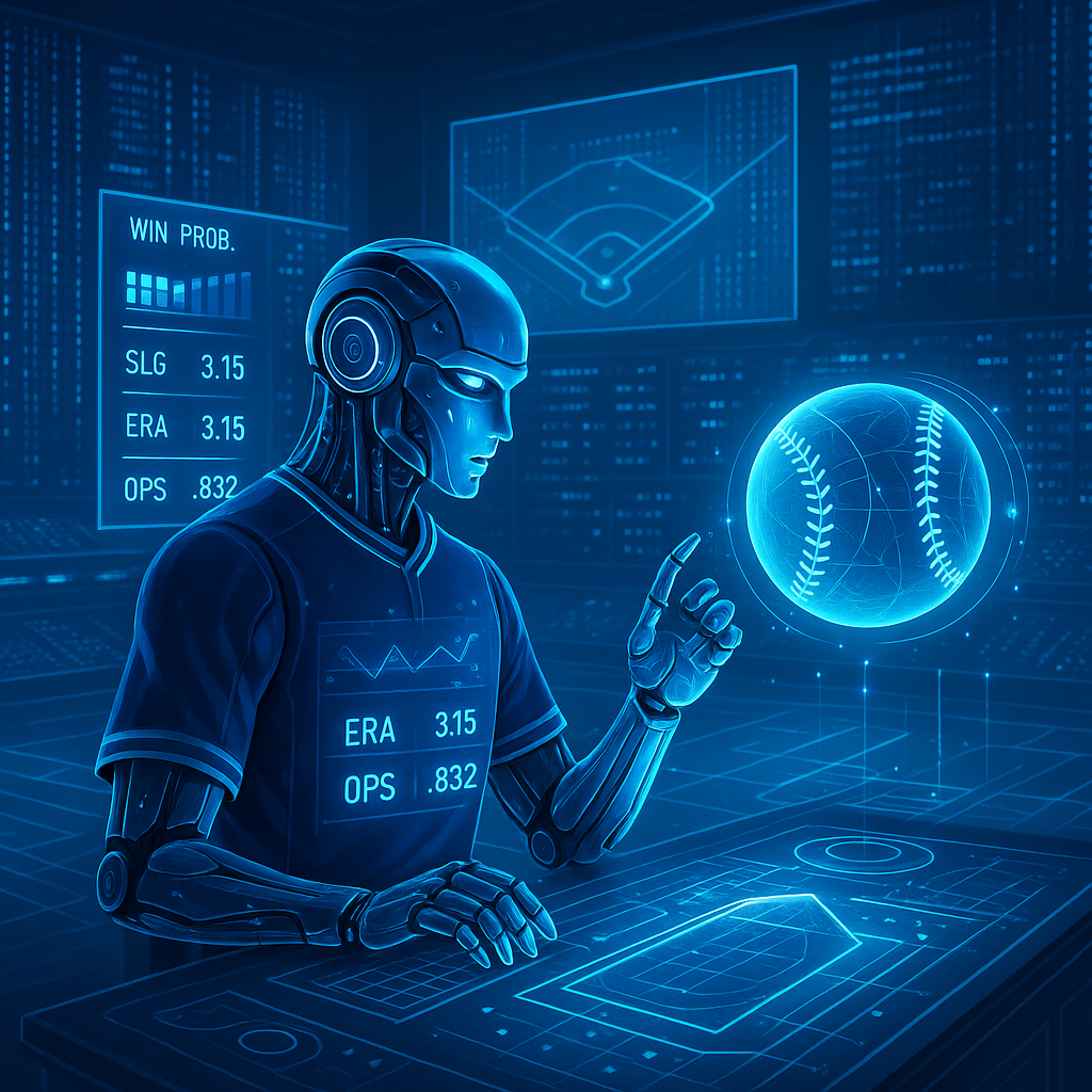 AI-powered baseball analytics robot analyzing MLB statistics and trends for betting predictions and sabermetrics