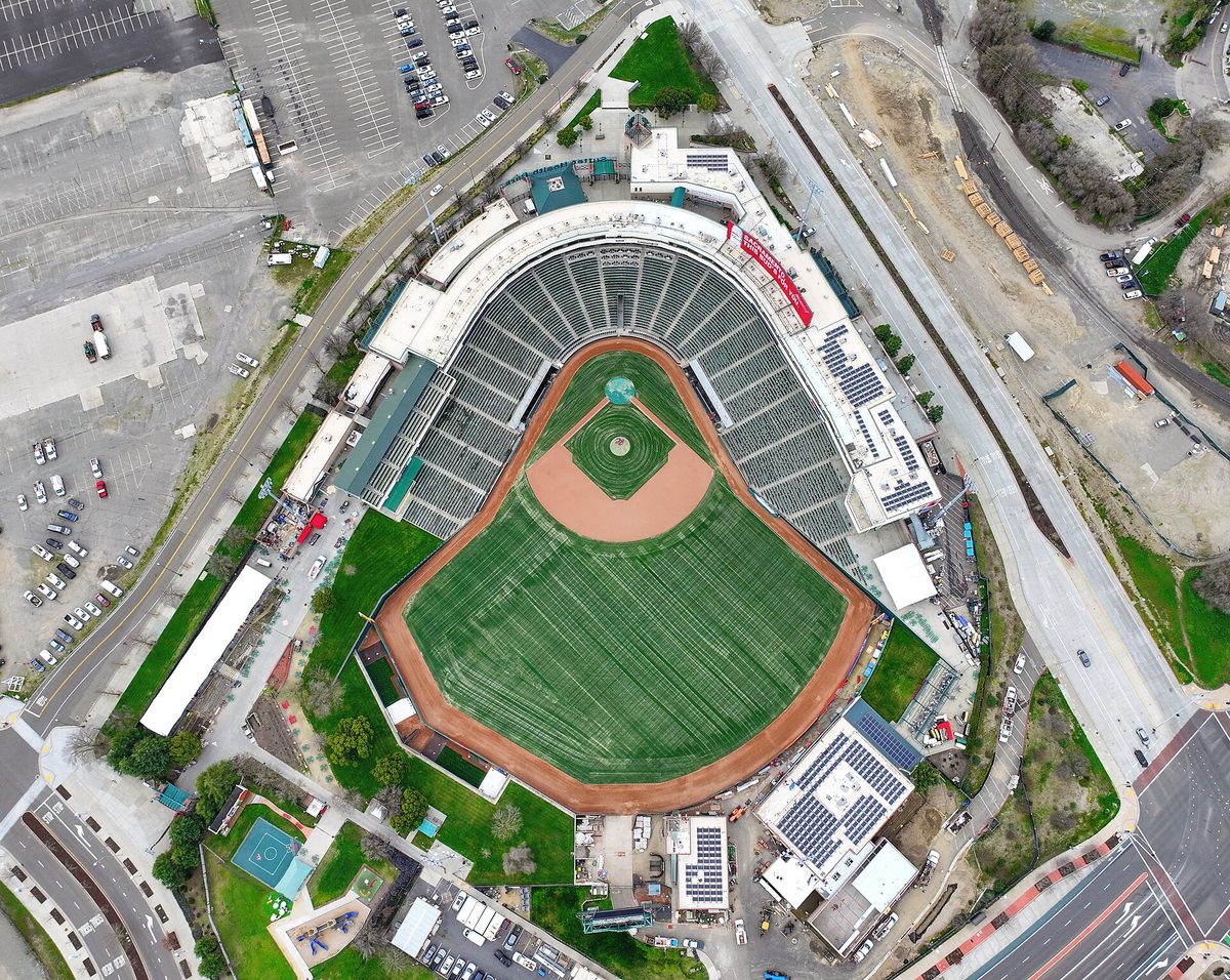 Aerial view of Sutter Health Park in Sacramento, the highest scoring home environment in baseball this season